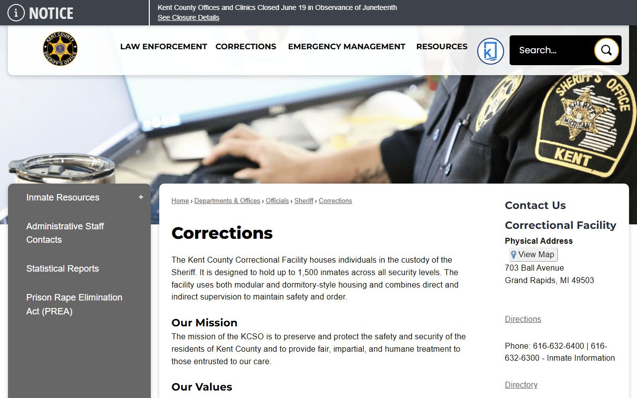 Kent County Correctional Facility corrections page for inmate records