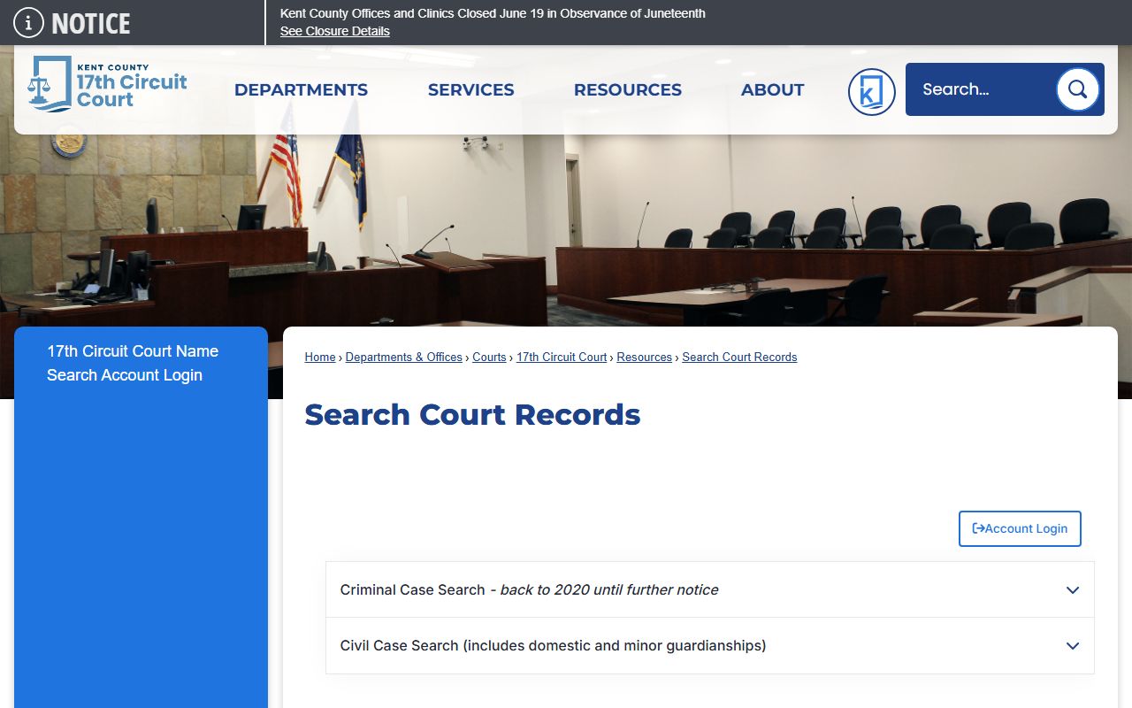 Kent County court records after arrest search page