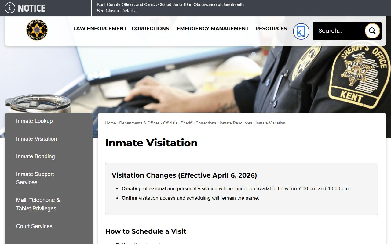 Kent County inmate records visitation scheduling page