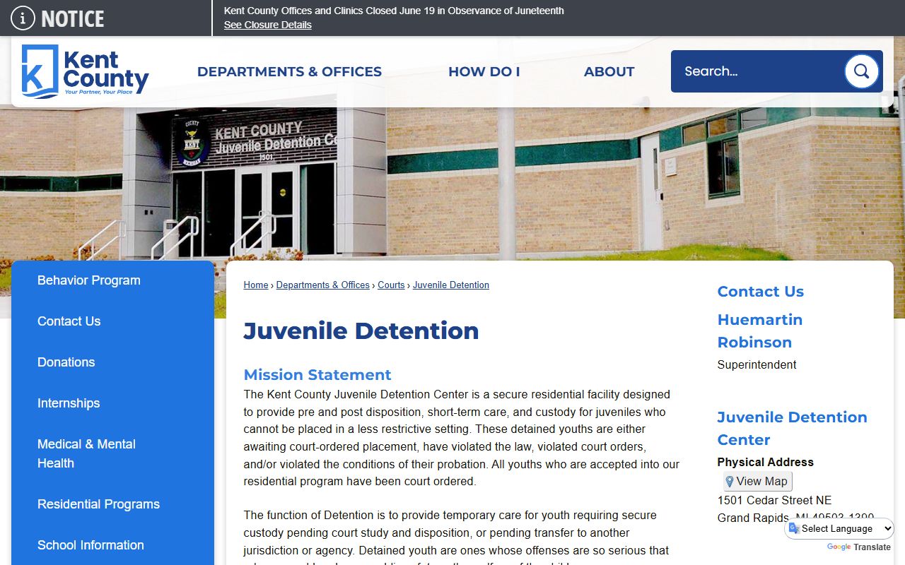 Kent County Juvenile Detention Center custody information page